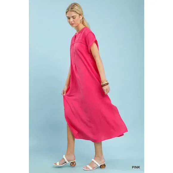 Umgee Button-Front Gauze Midi Dress with Lace Detail - Picture 4 of 6